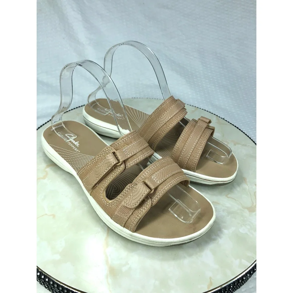 Clarks Cloudsteppers Slide Sandals Women 8 Tan Adjustable Straps Summer Comfort